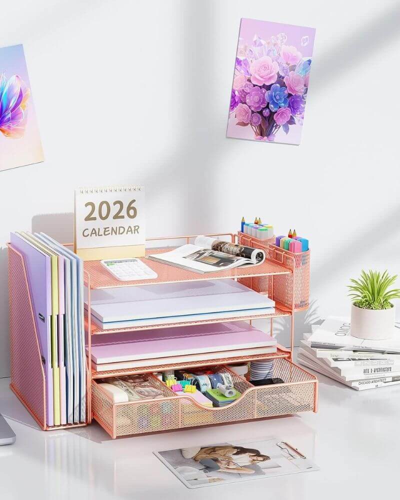 study desk decor – desk organizer with useful file organizer includes 4 trays, a magazine rack, 2 pen holders and a sliding drawer