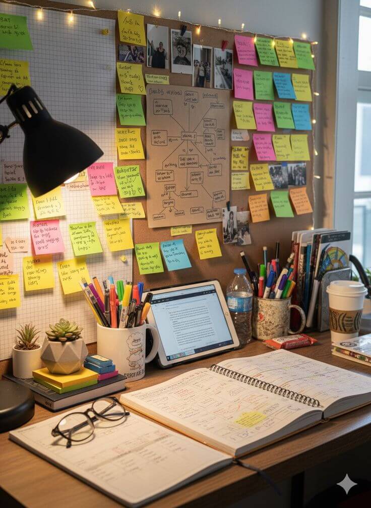 study room decor ideas diy – study desk with colored post-its on the wall